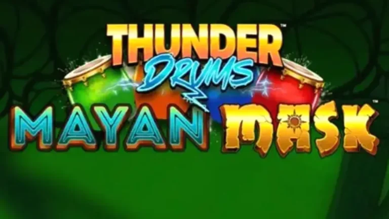 Tampilan visual slot Thunder Drums Mayan Mask dengan latar belakang kuil Maya kuno yang penuh misteri.