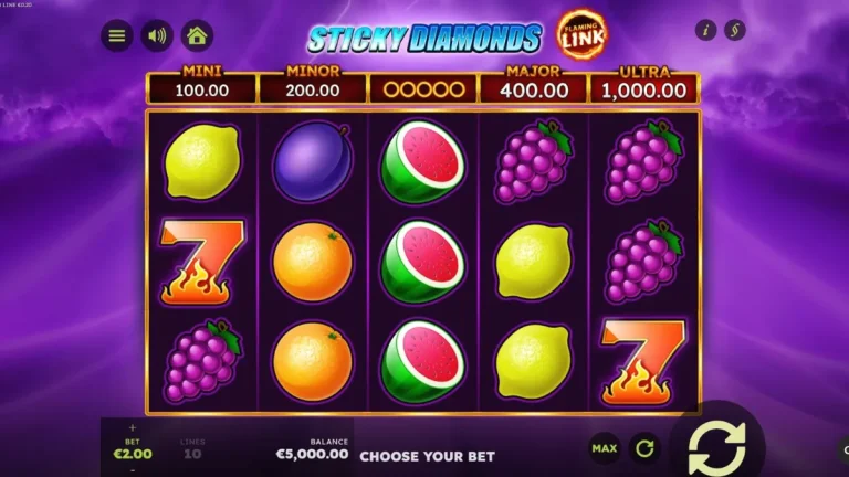 Tampilan visual slot Sticky Diamonds Flaming Link dengan simbol buah dan latar belakang badai petir