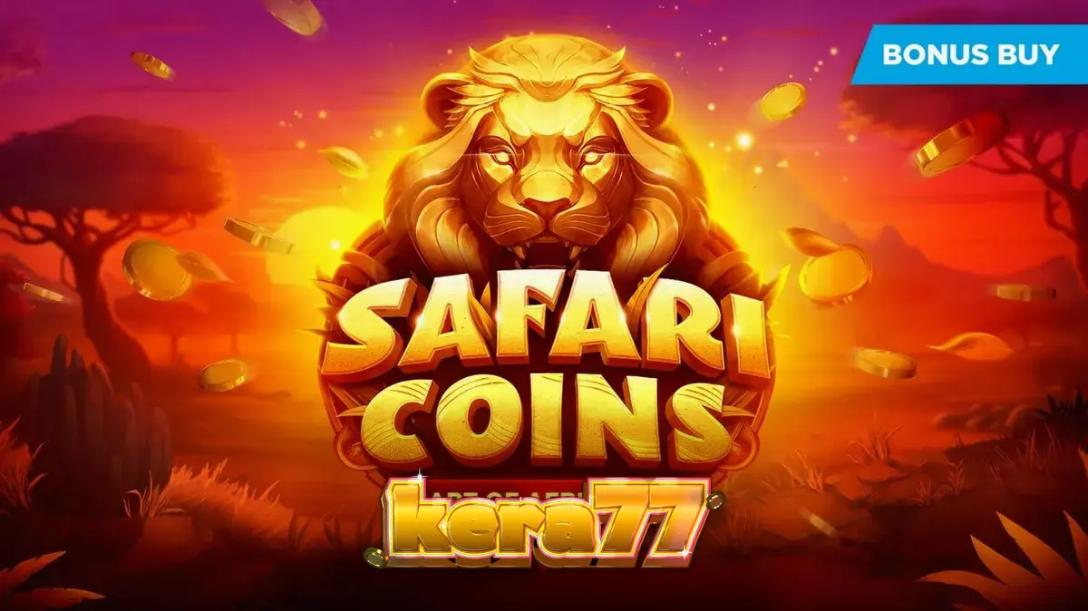 Pemandangan visual slot Safari Coins dengan latar belakang savana Afrika yang megah